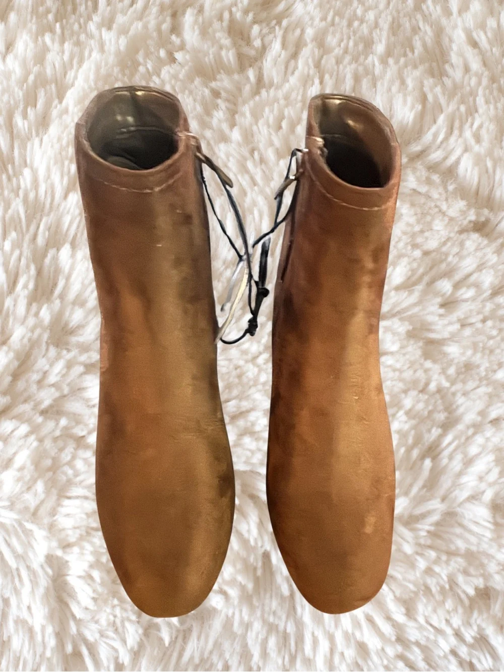 East 5th Tan Suede Wedge Ankle Booties with Buckle Detail